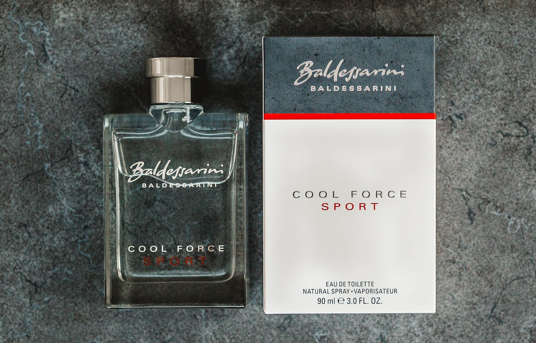 Baldessarini Cool Force Sport Flakon und Faltschachtel vor grauem Hintergrund